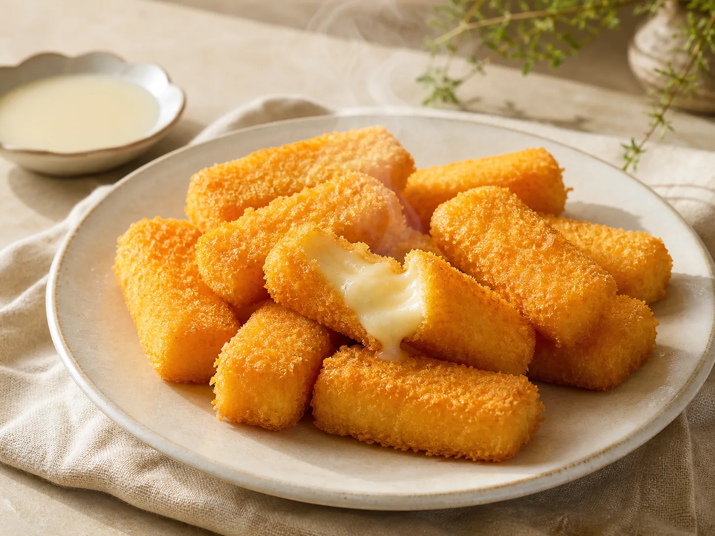 Golden deep-fried milk bars with a creamy white center