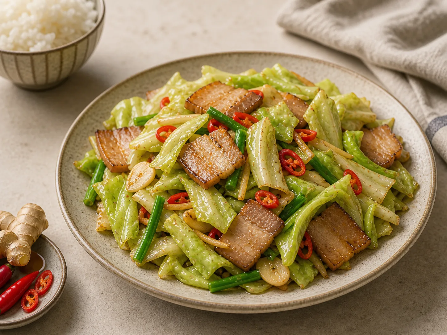 A plate of Hunan-style hand-torn cabbage stir-fried with pork belly and chilies