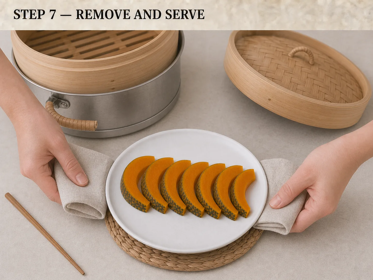 Slices of tender steamed pumpkin arranged on a white plate