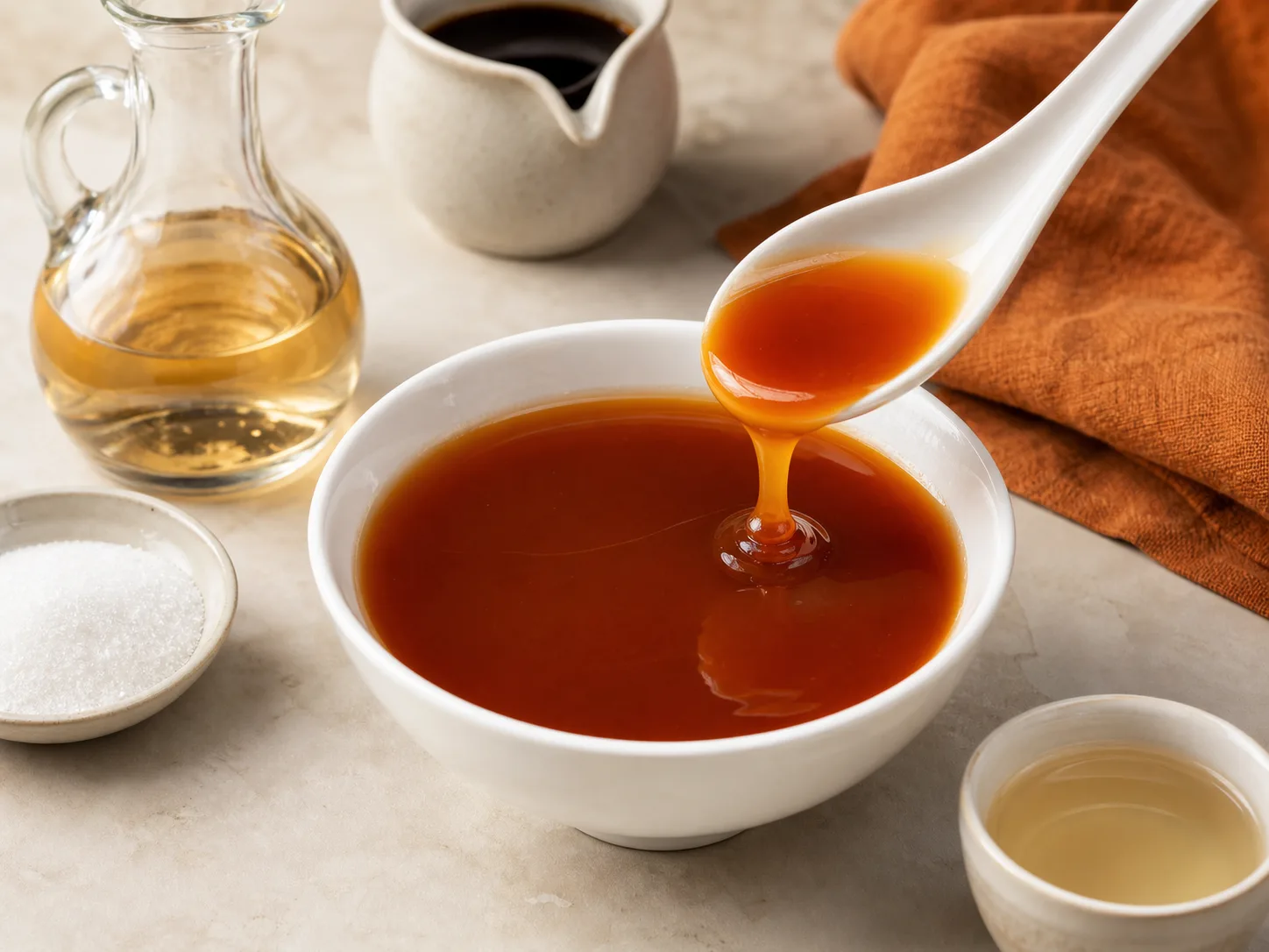 A small bowl of glossy Chinese sweet and sour sauce