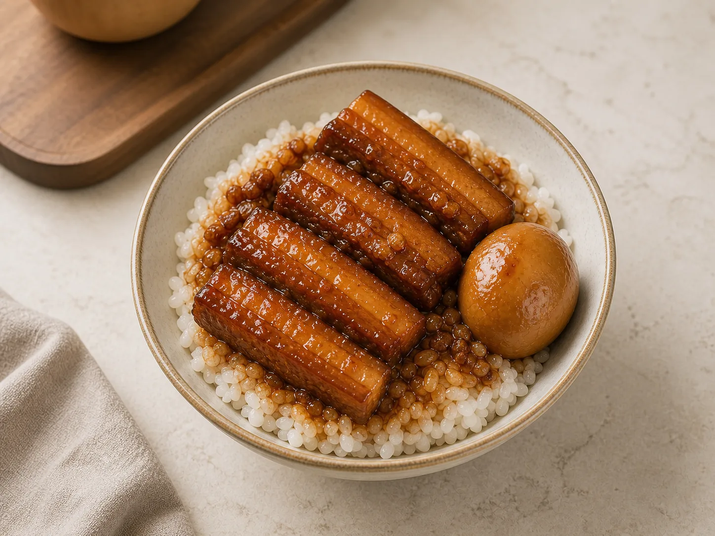A bowl of Taiwanese braised pork rice with glossy pork belly and a soy-braised egg