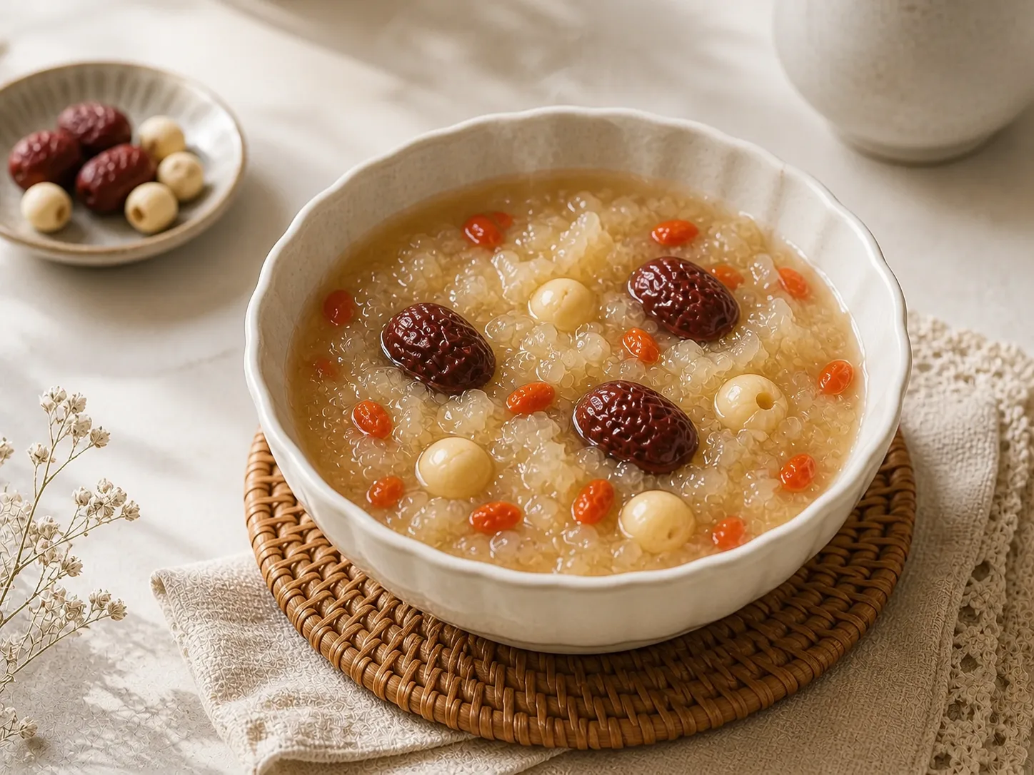 A warm bowl of tremella and lotus seed porridge with red dates and goji berries
